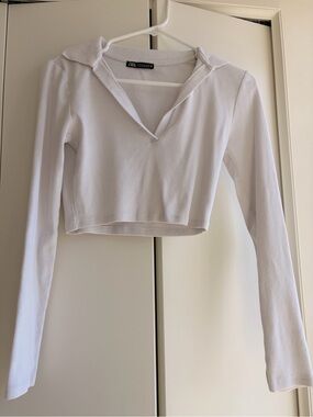 Zara White Ribbed Long Sleeve Cropped V-Neck